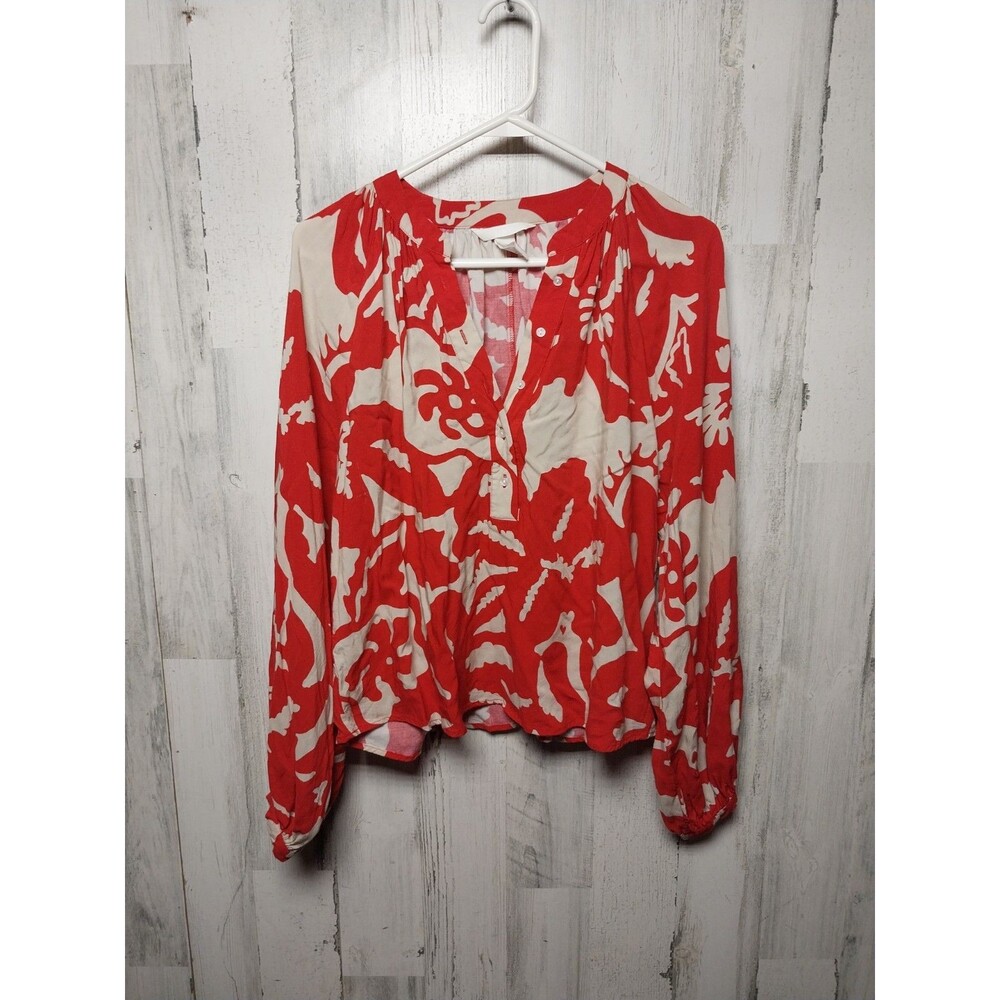 H&M Red Cream Floral Print Blouse Women’s Small Balloon Sleeve 100% Viscose